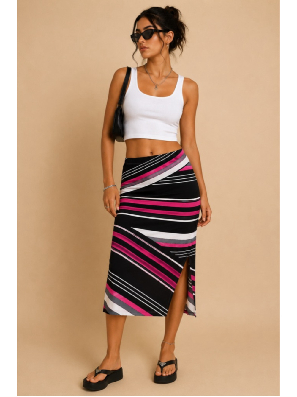💖 Kim Rogers Petite Y2K Stripe Midi Skirt | Barbiecore Side Slit